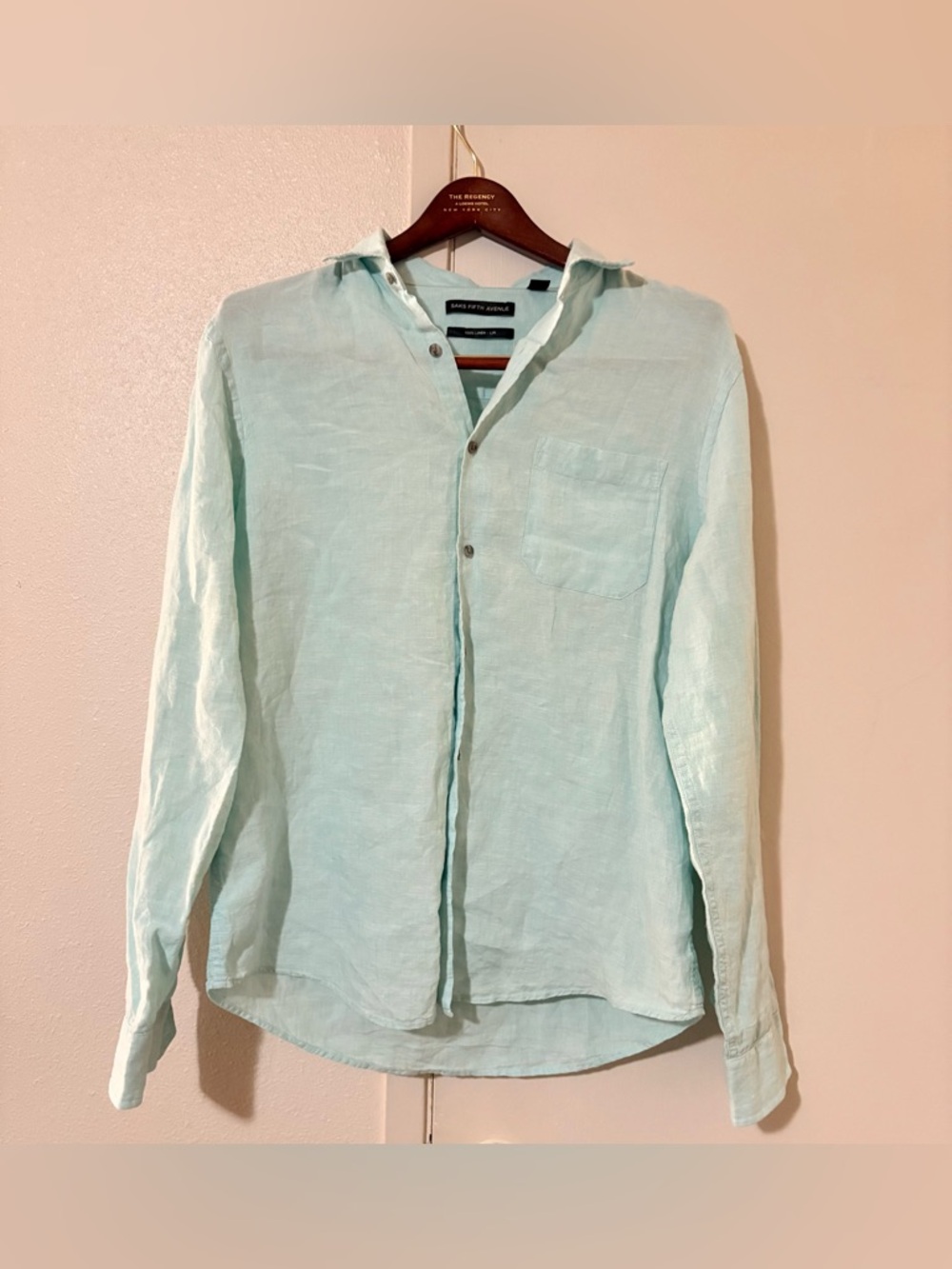 Saks Fifth Avenue Mint Green 100% Linen Long Sleeve Button Up Collard Shirt